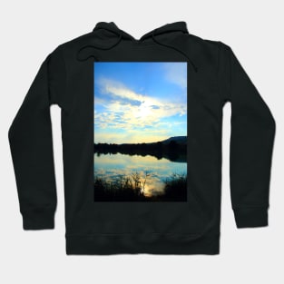 Mystical view with vegetation in the foreground, indistinct waters, Marche hills and azure sky Hoodie